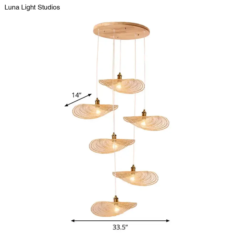 Chinese Style Lotus Leaf Pendant Light with Bamboo Shade - 1/3/6-Light - Beige - 14"/16.5"/19.5" Wide