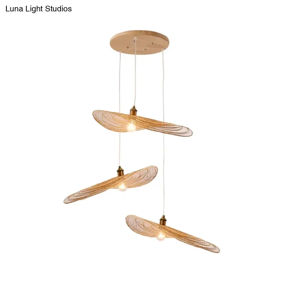 Chinese Style Lotus Leaf Pendant Light with Bamboo Shade - 1/3/6-Light - Beige - 14"/16.5"/19.5" Wide