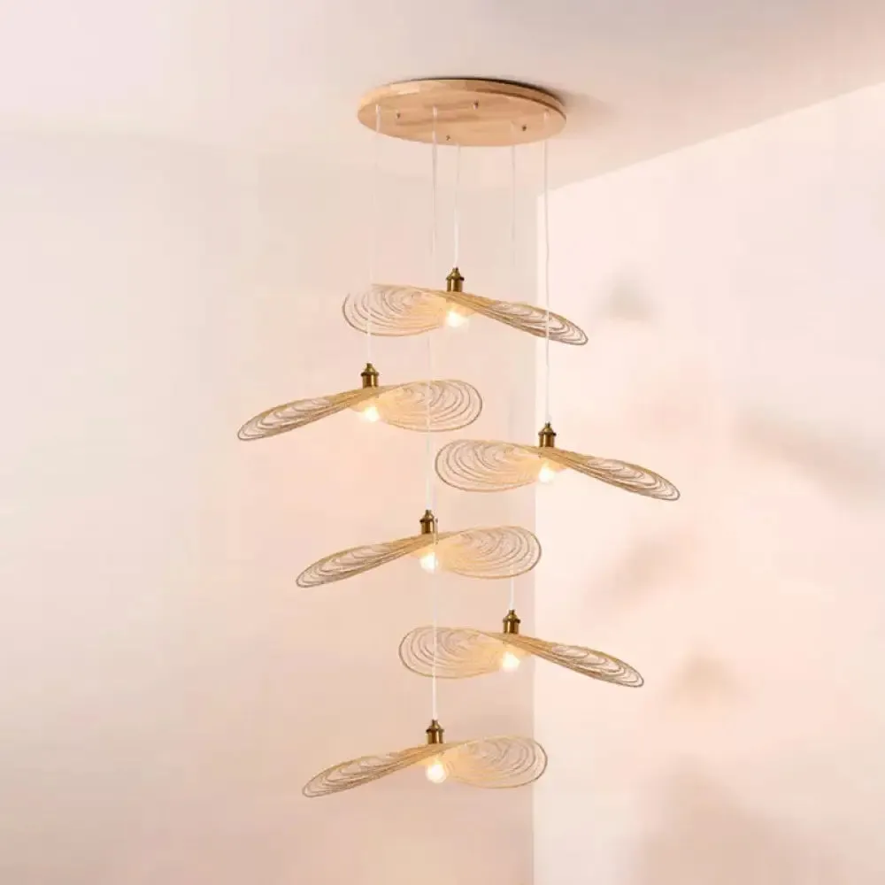 Chinese Style Lotus Leaf Pendant Light with Bamboo Shade - 1/3/6-Light - Beige - 14"/16.5"/19.5" Wide