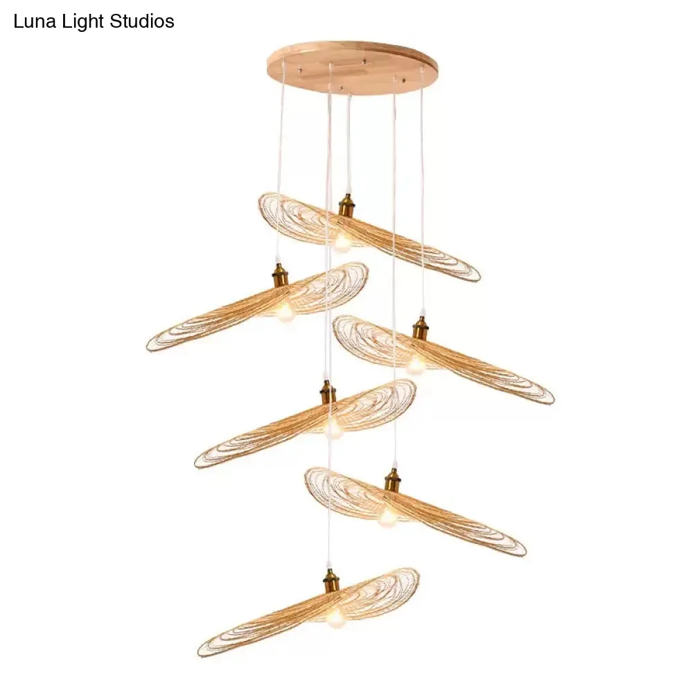 Chinese Style Lotus Leaf Pendant Light with Bamboo Shade - 1/3/6-Light - Beige - 14"/16.5"/19.5" Wide