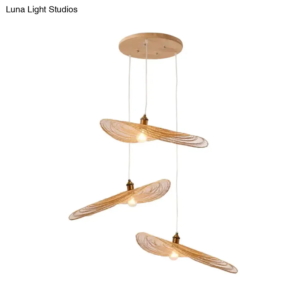 Chinese Style Lotus Leaf Pendant Light with Bamboo Shade - 1/3/6-Light - Beige - 14"/16.5"/19.5" Wide