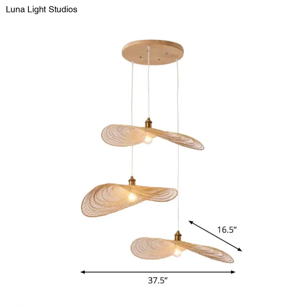 Chinese Style Lotus Leaf Pendant Light with Bamboo Shade - 1/3/6-Light - Beige - 14"/16.5"/19.5" Wide