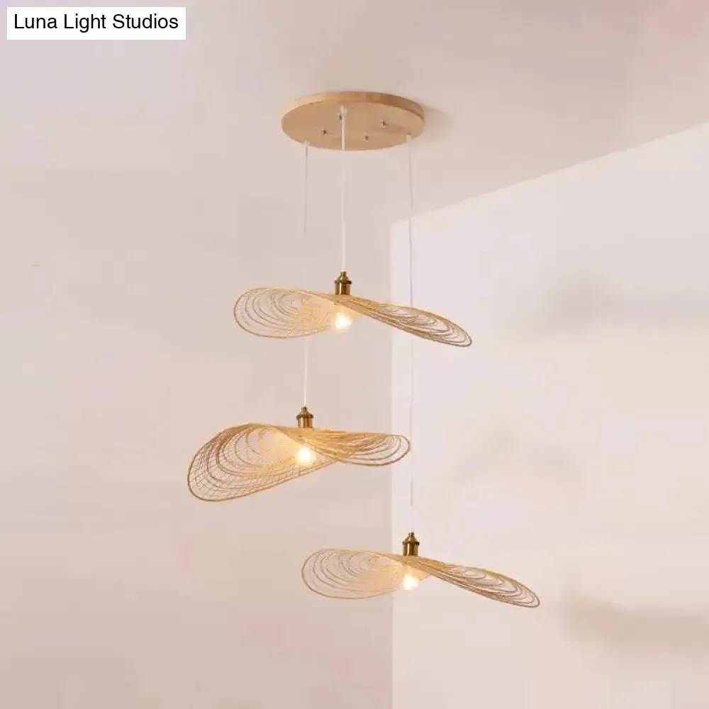 Chinese Style Lotus Leaf Pendant Light with Bamboo Shade - 1/3/6-Light - Beige - 14"/16.5"/19.5" Wide