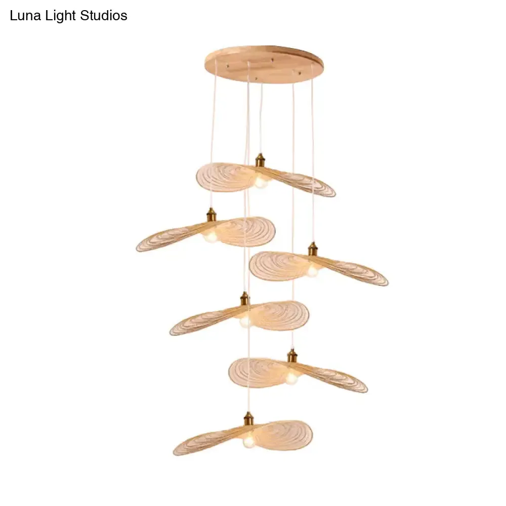 Chinese Style Lotus Leaf Pendant Light with Bamboo Shade - 1/3/6-Light - Beige - 14"/16.5"/19.5" Wide
