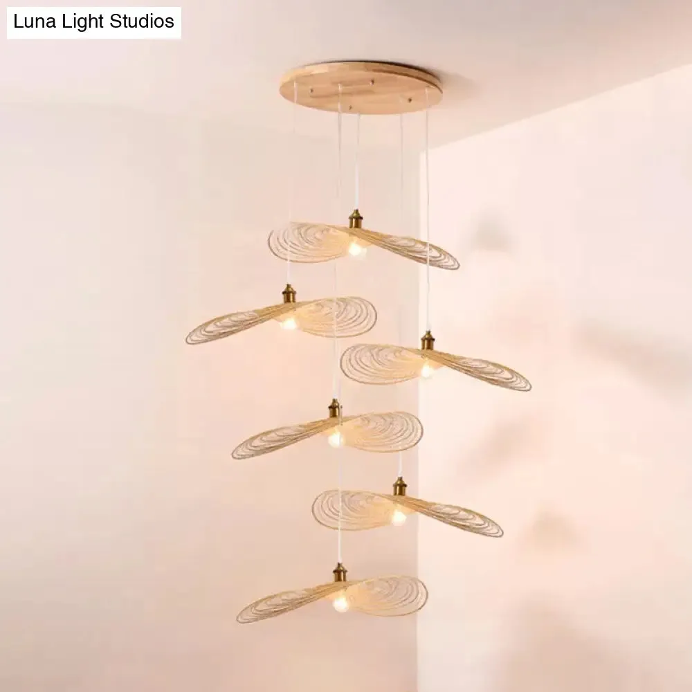 Chinese Style Lotus Leaf Pendant Light with Bamboo Shade - 1/3/6-Light - Beige - 14"/16.5"/19.5" Wide