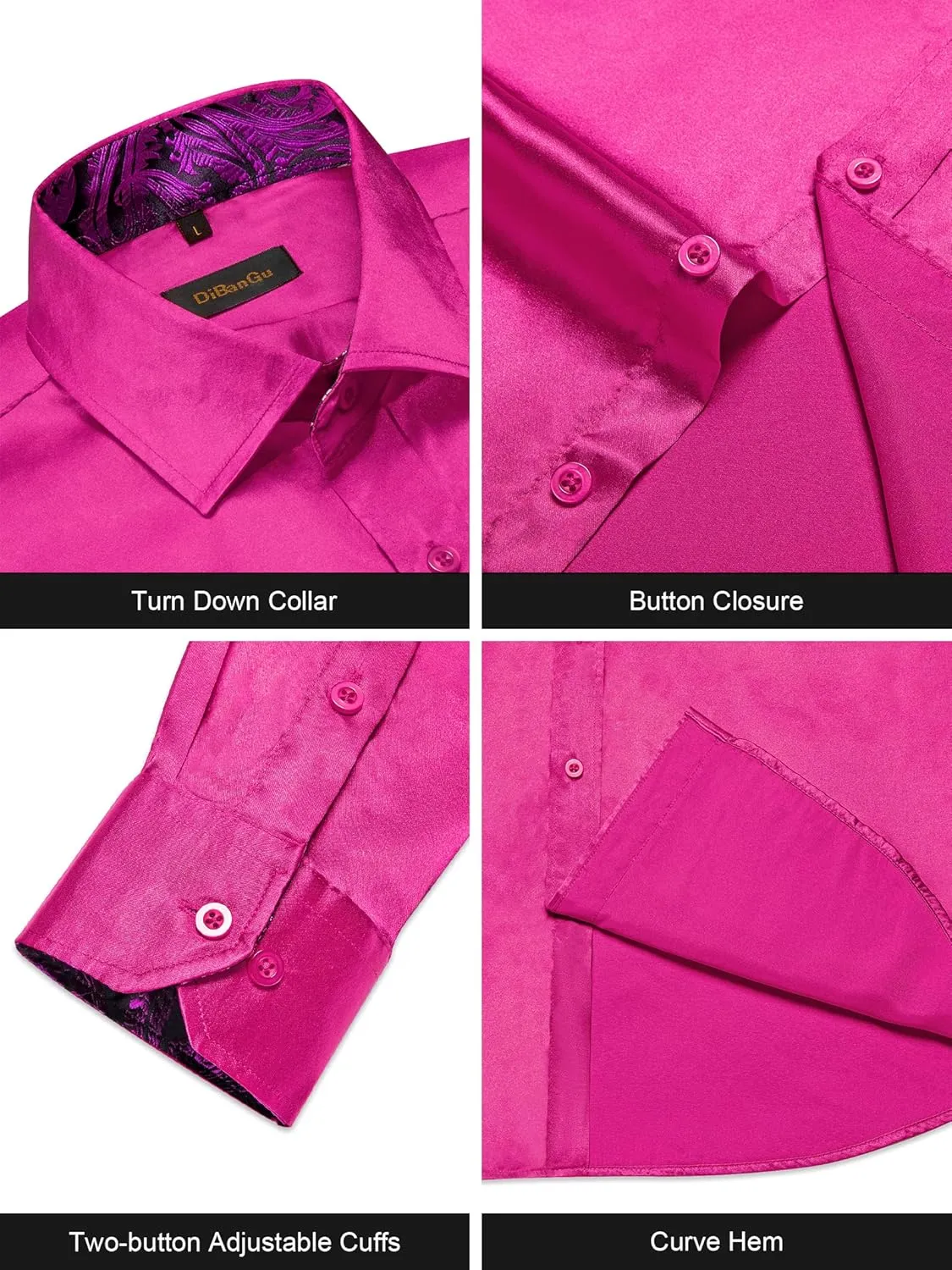 DiBanGu Satin Shirt and Tie Sets for Men Dress Shirts Long Sleeve Inner Contrast Men's Casual Button-Down Shirts S-3XL