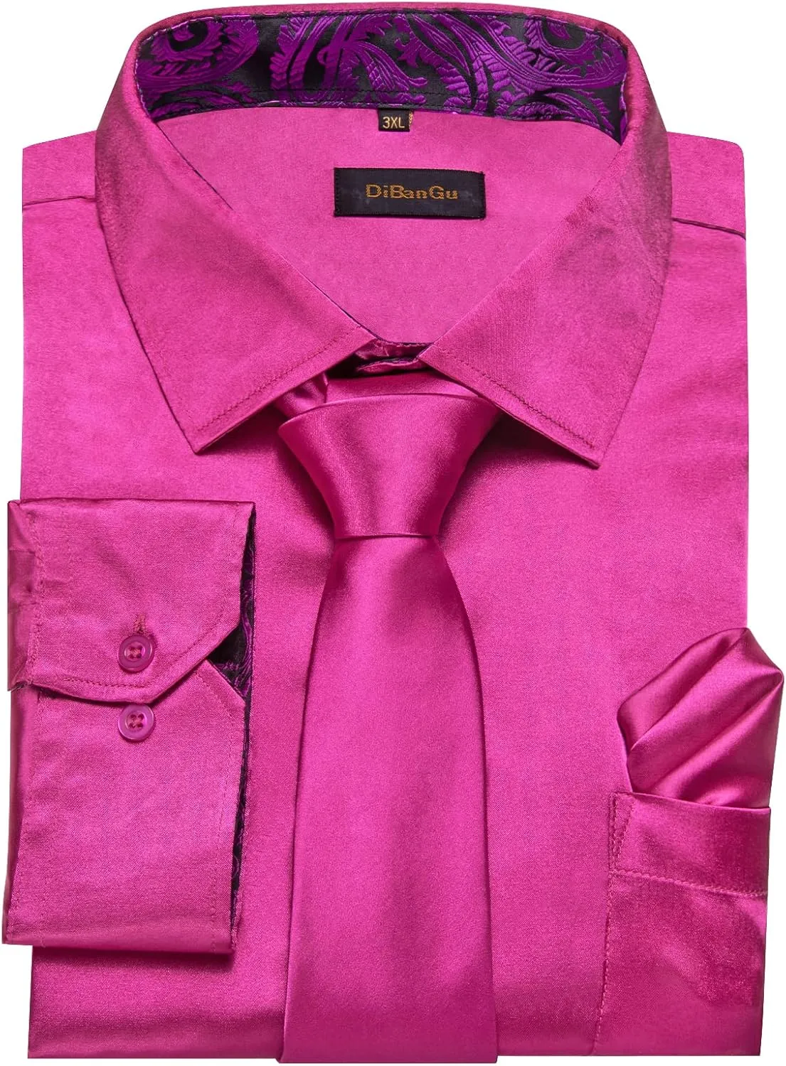 DiBanGu Satin Shirt and Tie Sets for Men Dress Shirts Long Sleeve Inner Contrast Men's Casual Button-Down Shirts S-3XL