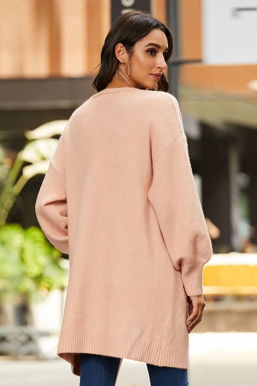 Double Take, Drop Shoulder Ribbed Trim Open Front Cardigan
