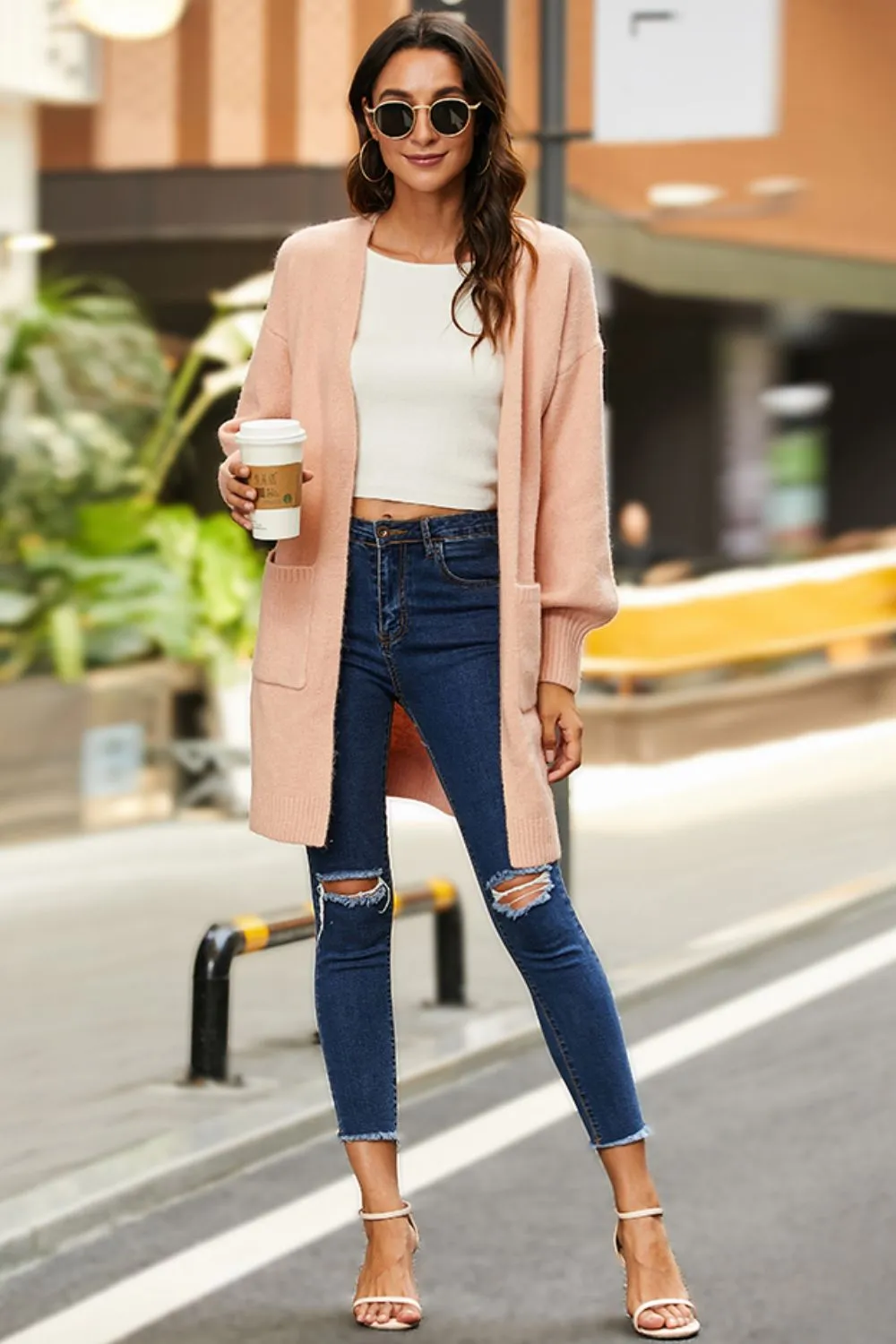 Double Take, Drop Shoulder Ribbed Trim Open Front Cardigan
