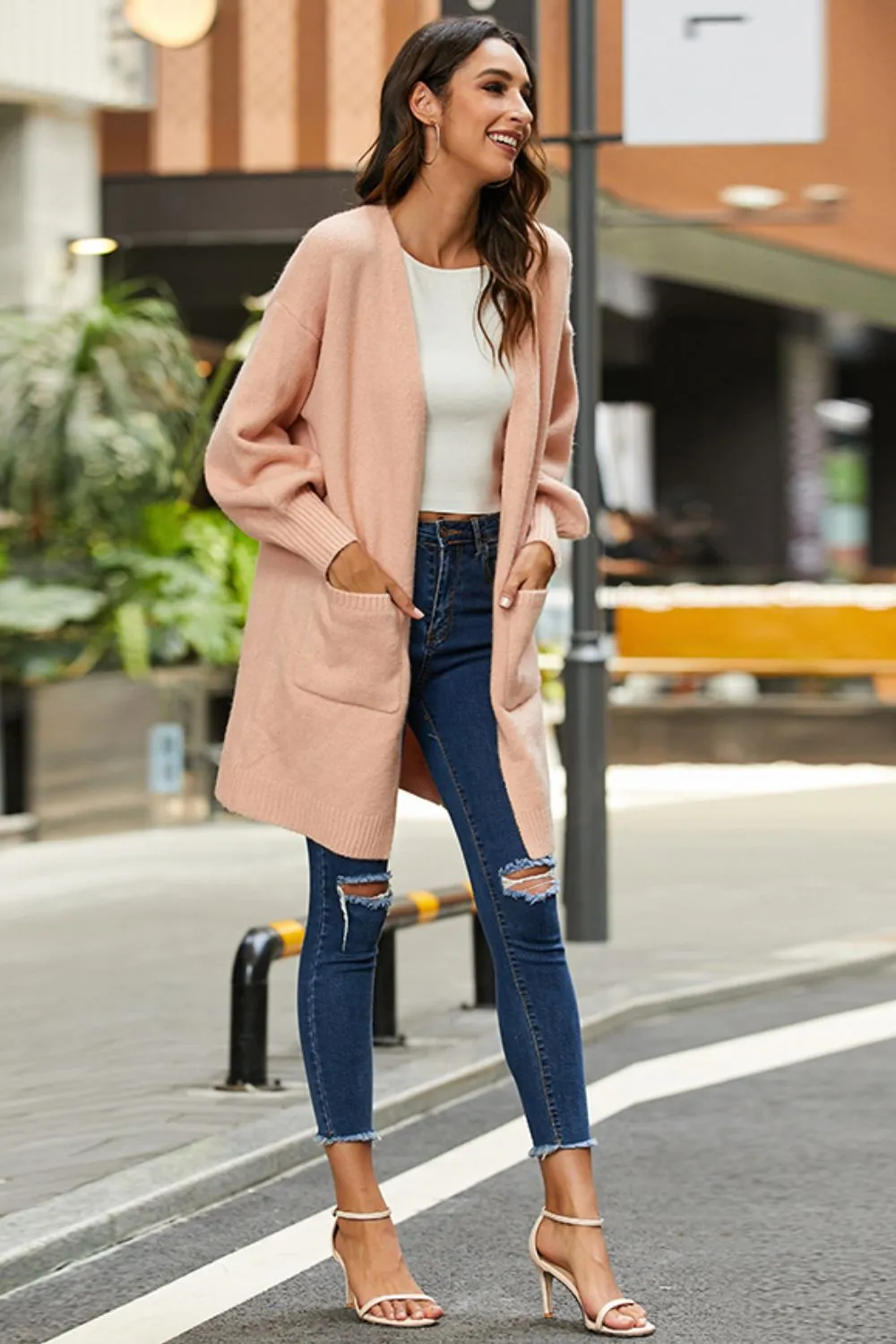 Double Take, Drop Shoulder Ribbed Trim Open Front Cardigan