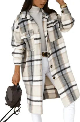Esmeling Womens Plaid Shacket Brushed Flannel Shirt Jacket Mid Long Wool Blend Tartan Coat