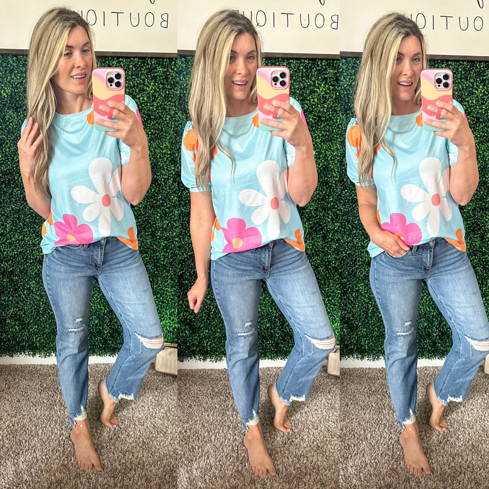 Flower Round Neck Short Sleeve Blouse