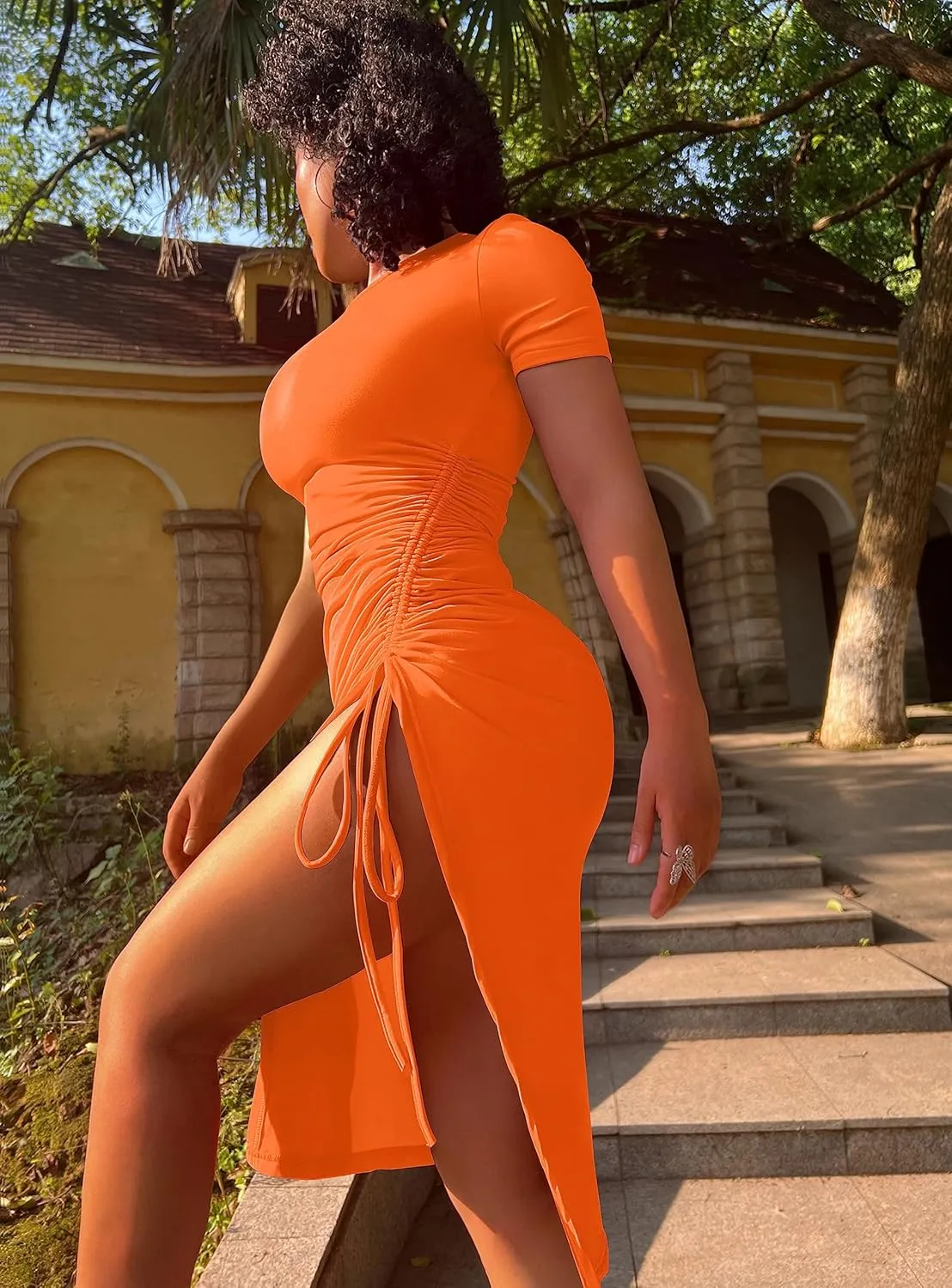 GOKATOSAU Women's Sexy Bodycon Short Sleeve Slit Ruched Summer Club Party Midi Dress