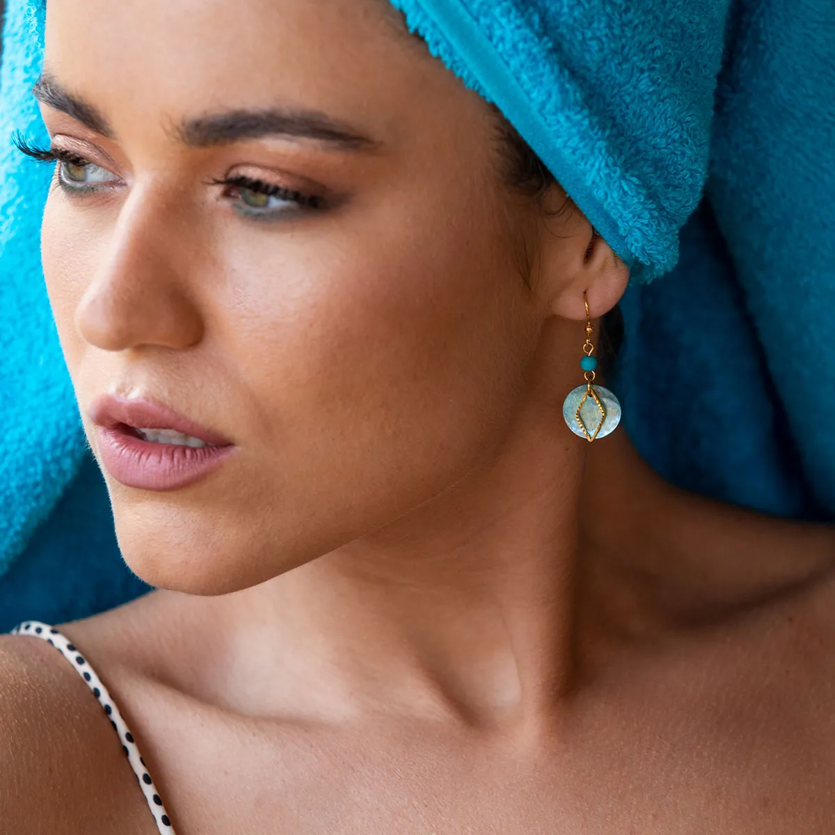 Gold Plated Rhombus And Blue Shell French Hook Earrings