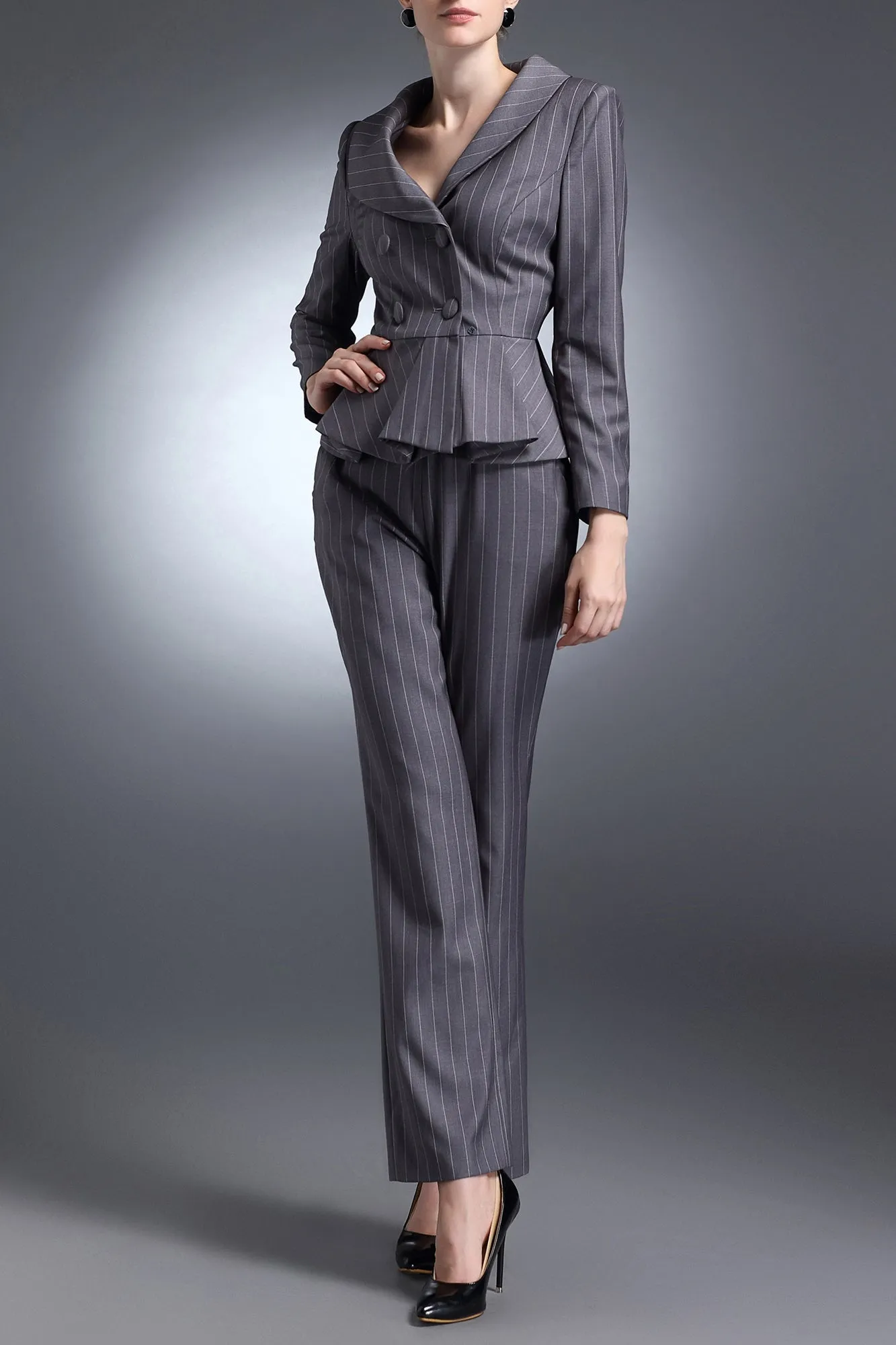 Catherine Pant Suit in Gray Stripe - Stylish Womens Business Attire
