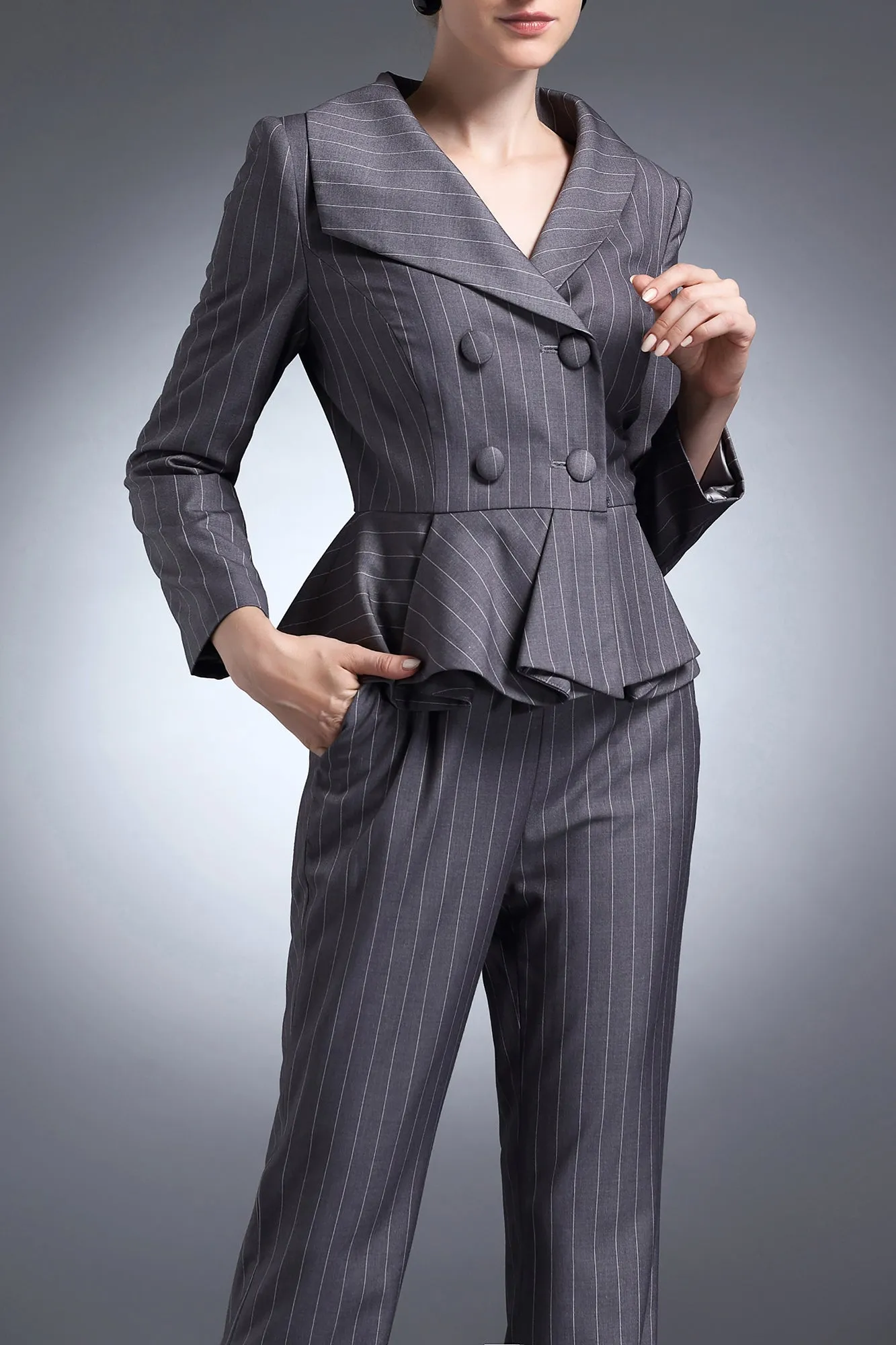 Catherine Pant Suit in Gray Stripe - Stylish Womens Business Attire