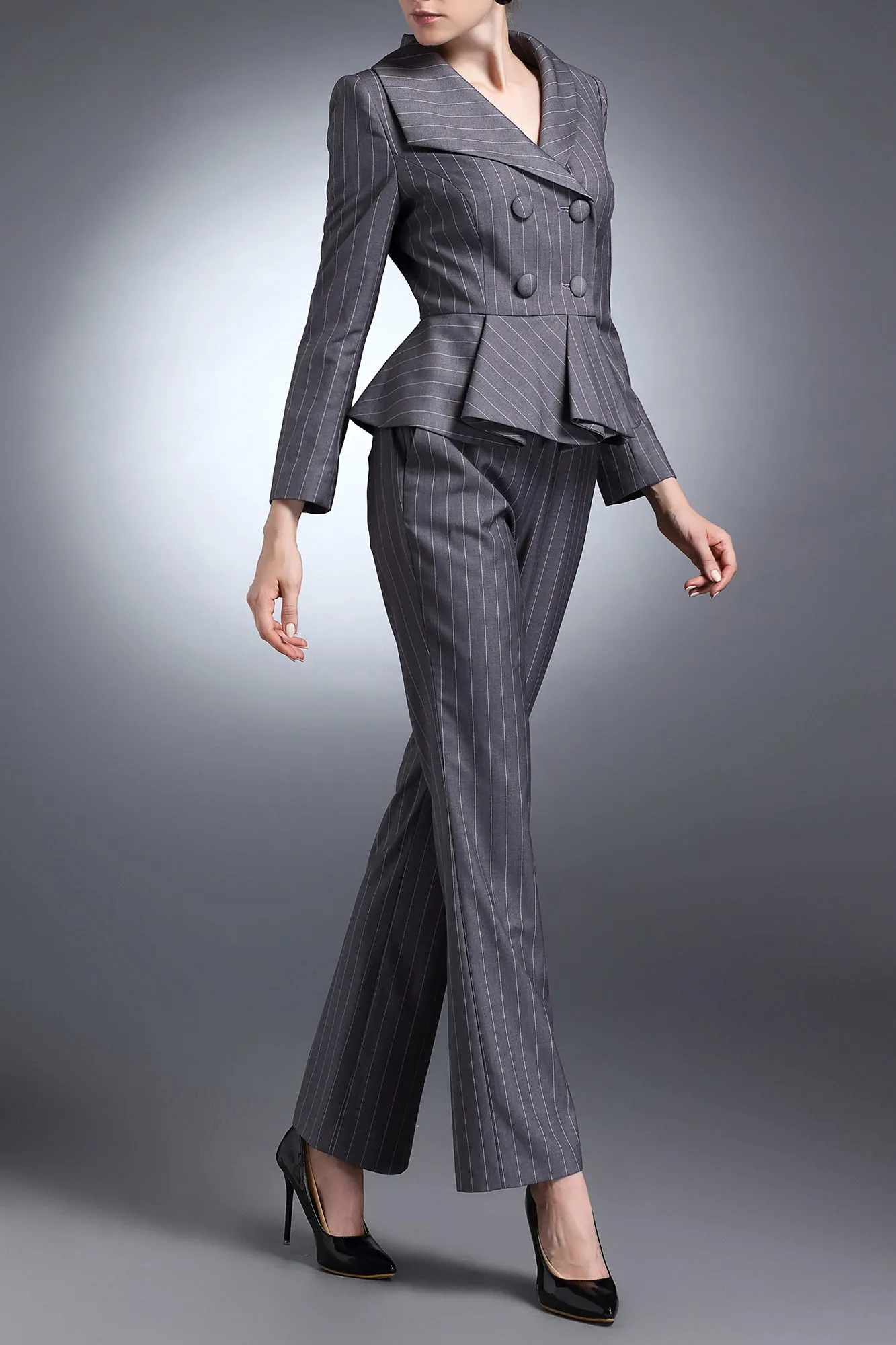 Catherine Pant Suit in Gray Stripe - Stylish Womens Business Attire