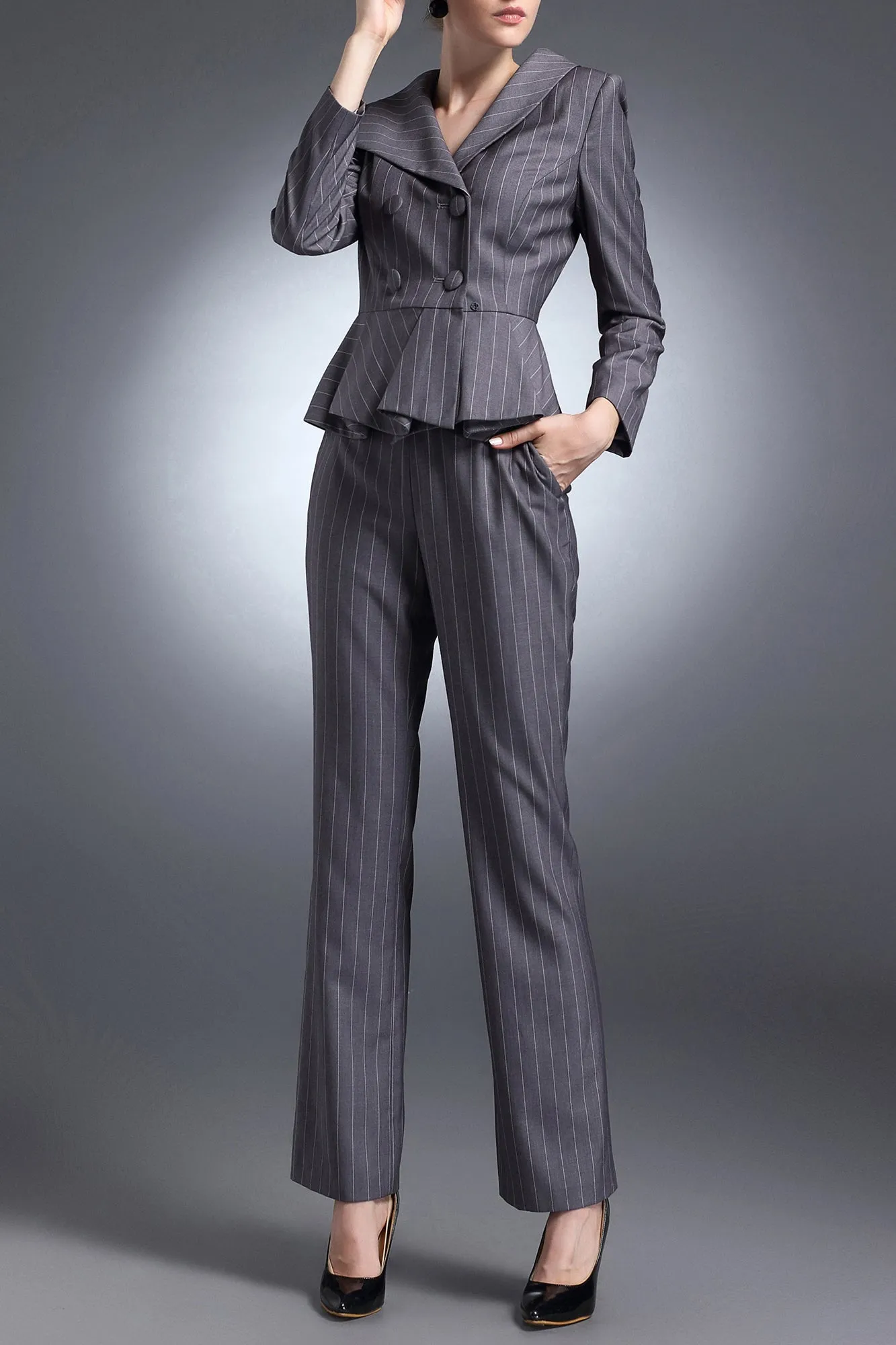 Catherine Pant Suit in Gray Stripe - Stylish Womens Business Attire