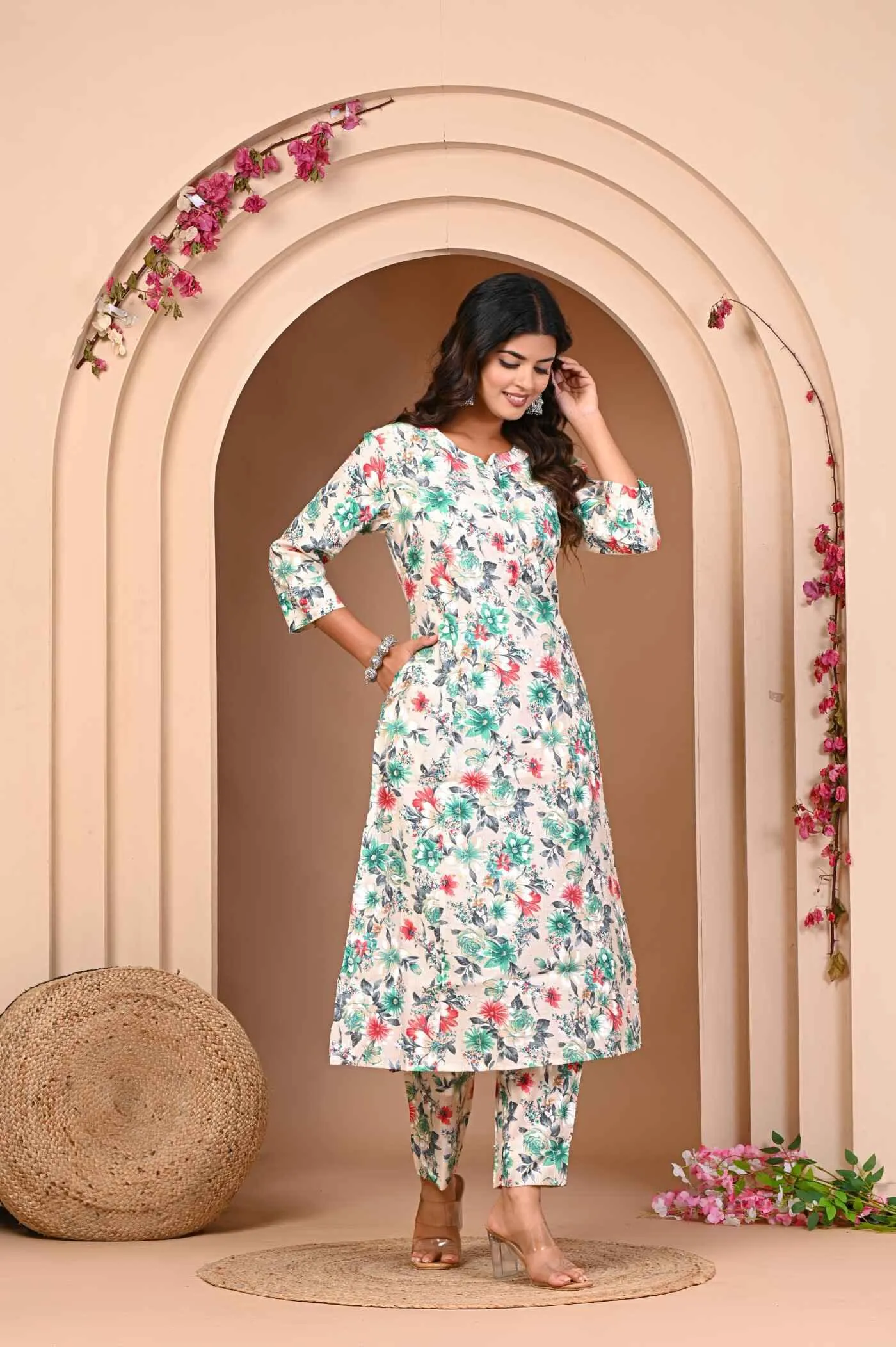 Green Flower Print Kurta and Pant Set