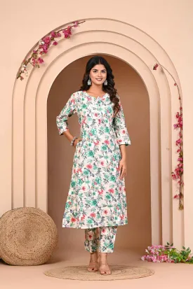 Green Flower Print Kurta and Pant Set