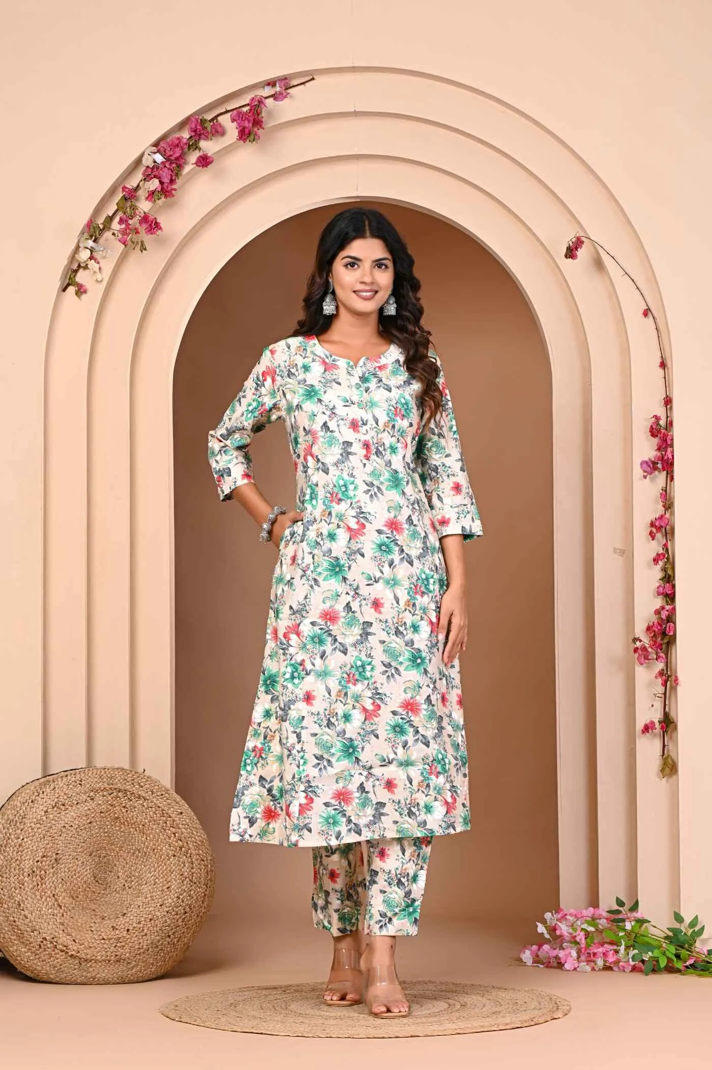 Green Flower Print Kurta and Pant Set