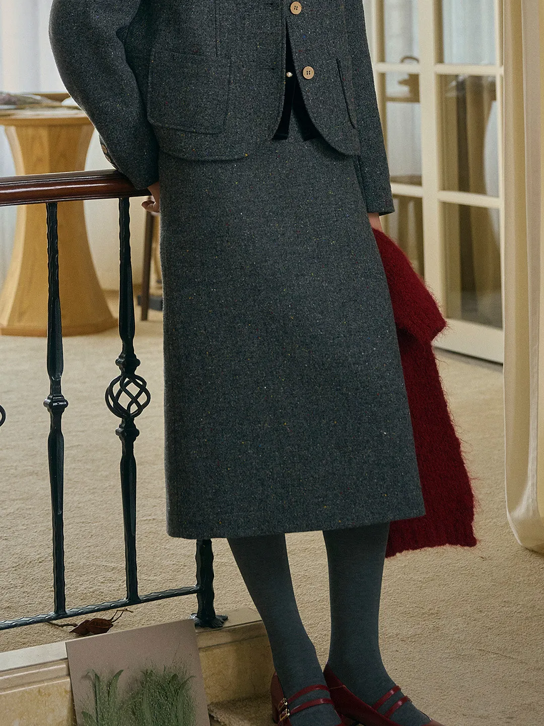 Gwen Classic Versatile Gray Dotted Straight Skirt