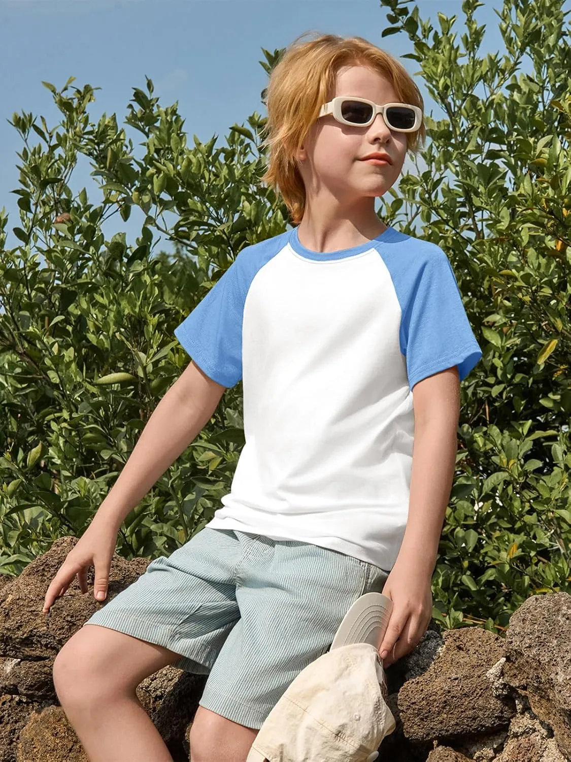 Haloumoning Boys Short Sleeve Raglan T Shirts Kids Basic Color-Block Tops Crewneck Tees 5-14 Years