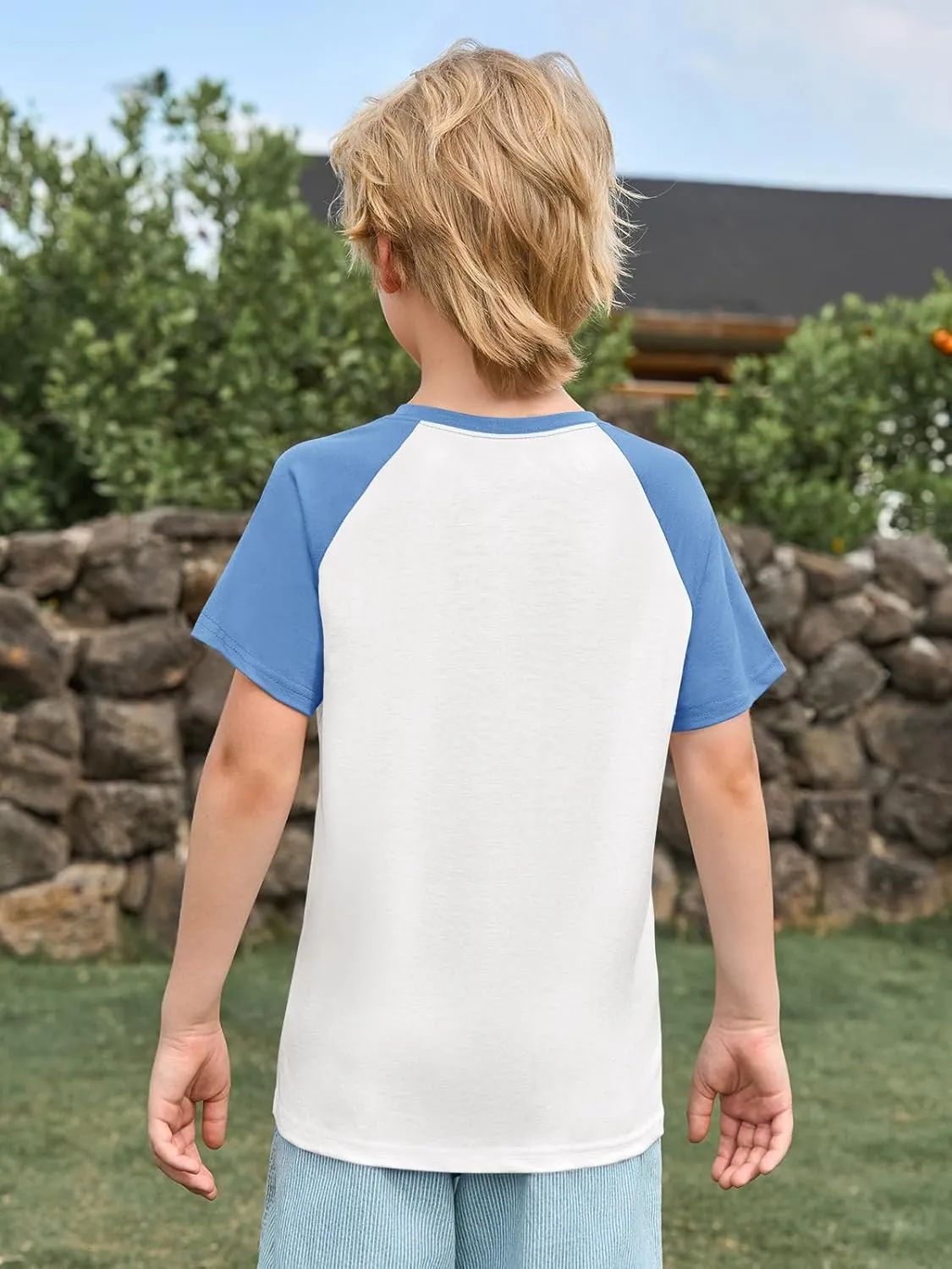 Haloumoning Boys Short Sleeve Raglan T Shirts Kids Basic Color-Block Tops Crewneck Tees 5-14 Years