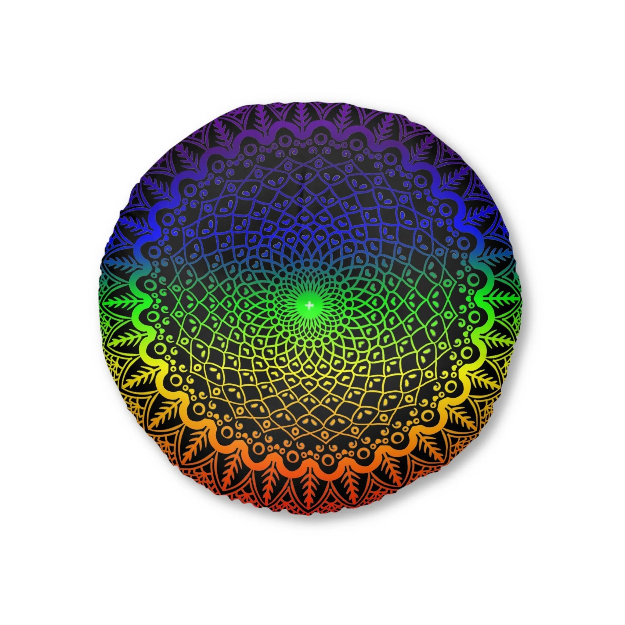 Handmade Mandala Art Floor Cushion - Rainbow on Black - Tufted Round
