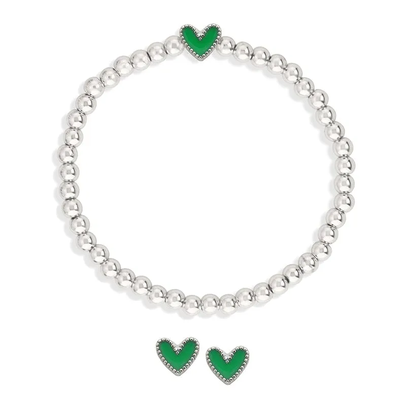 Heart Stretch Bracelet   Stud Earring Set in Green