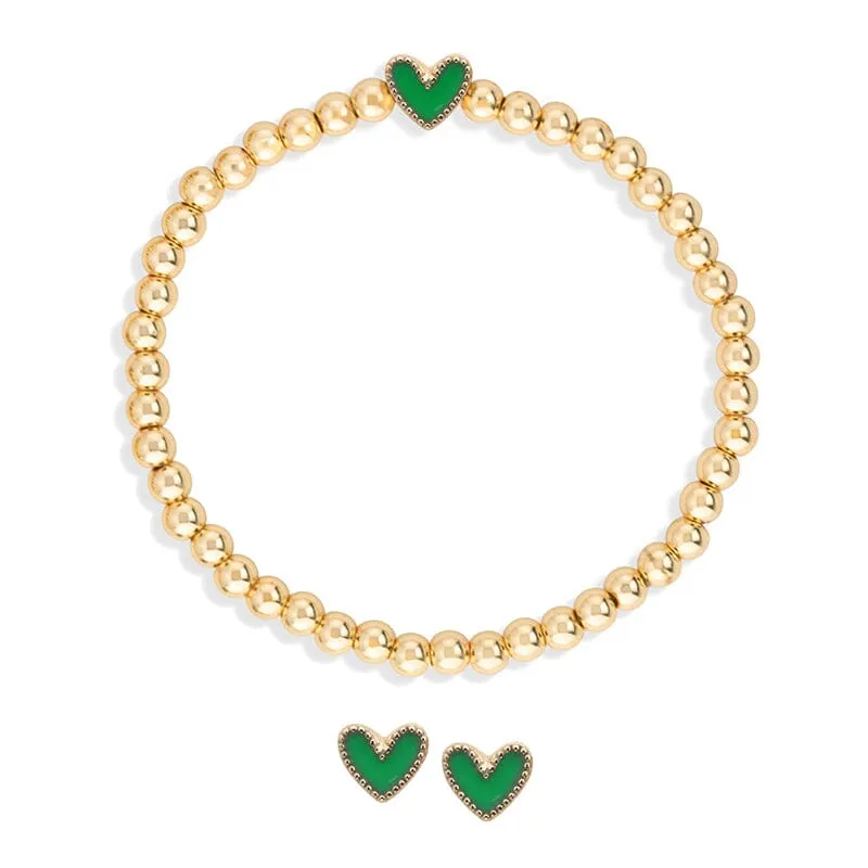 Heart Stretch Bracelet   Stud Earring Set in Green