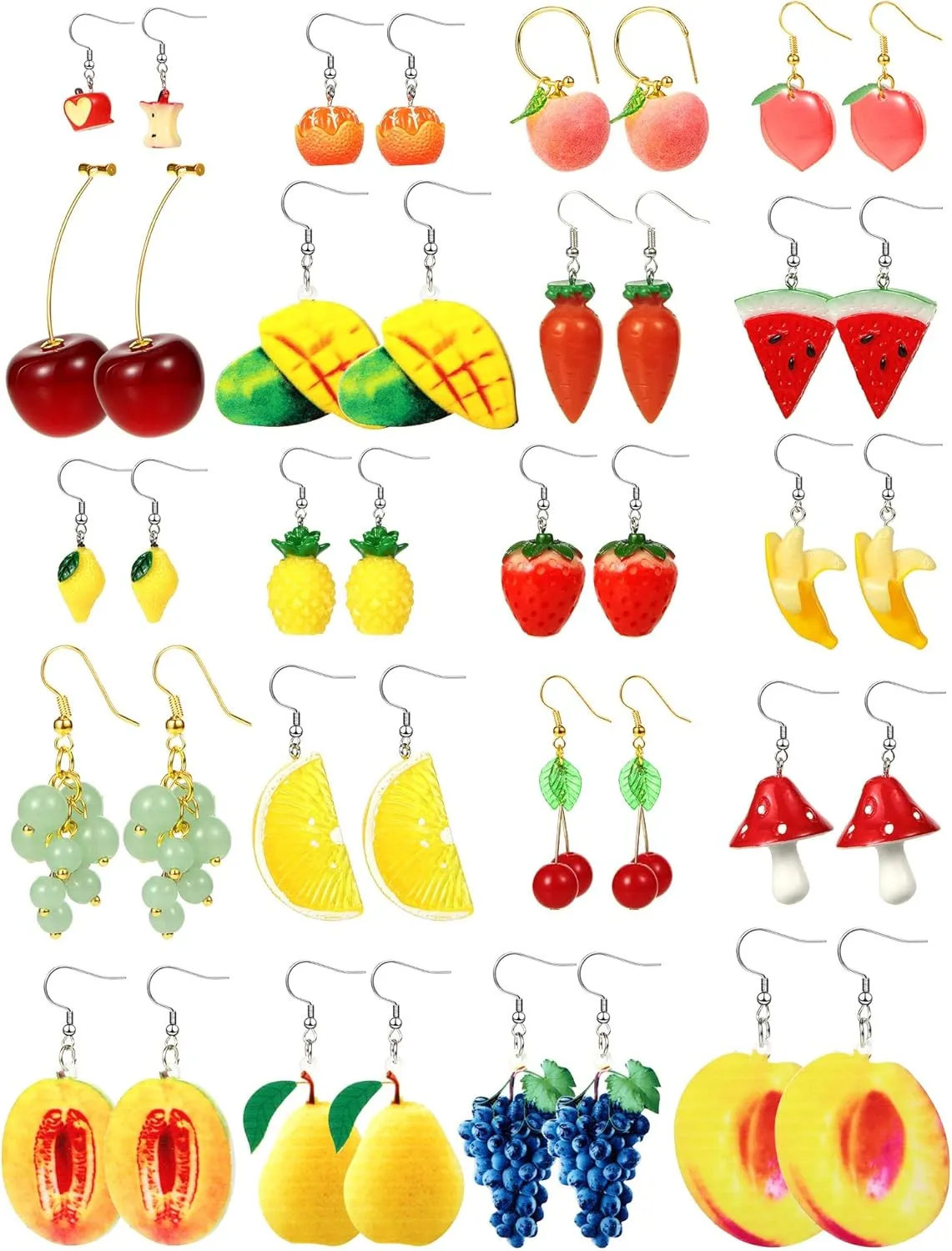 Hicarer 20 Pairs Cute Weird Earrings Funny Dangle Drop Earrings for Women Include Gummy Candy Bear Milk Goldfish Cartoon Fruits Flowers Animals for Birthday