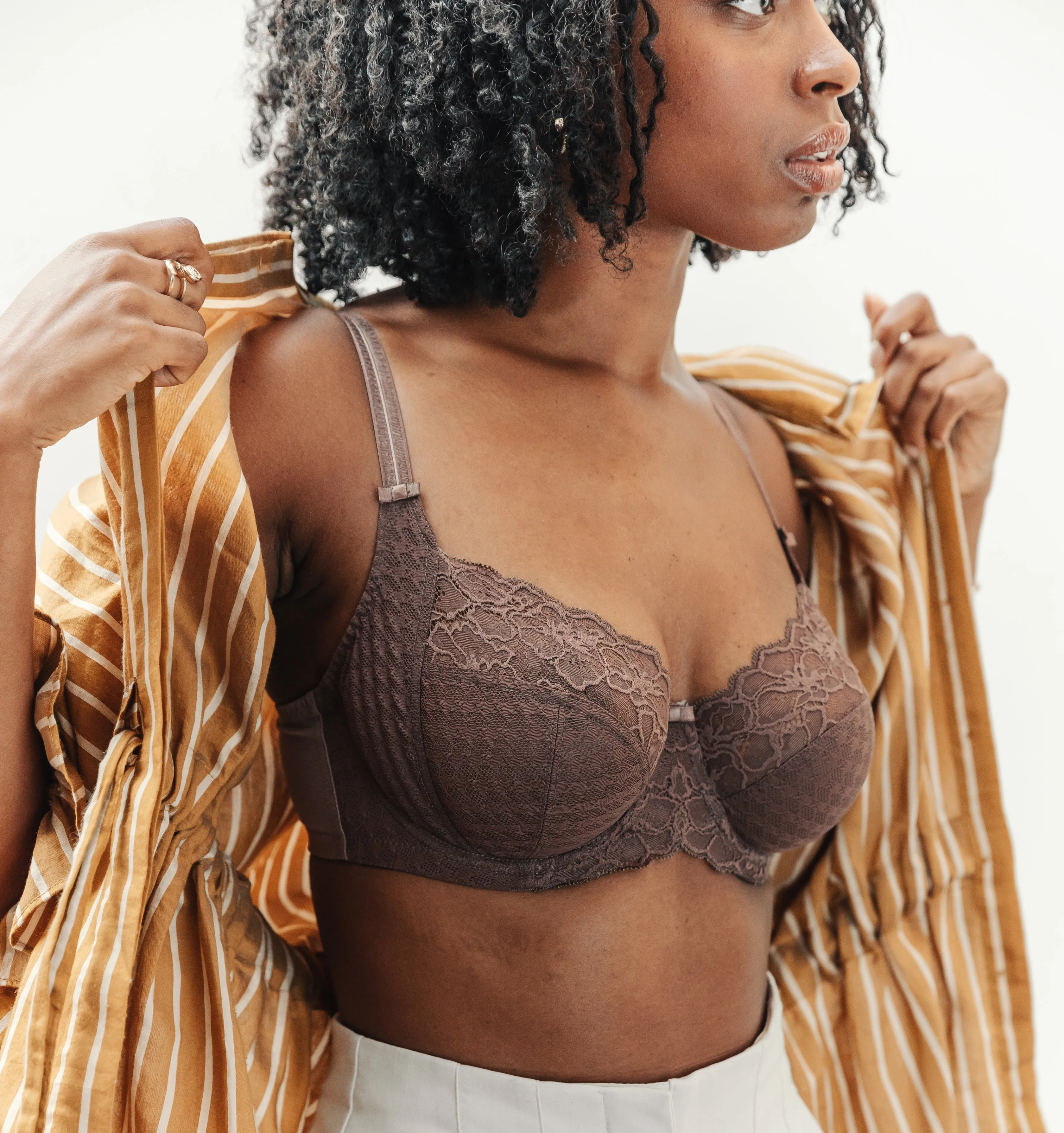 Houndstooth & floral lace balconette [Chestnut]