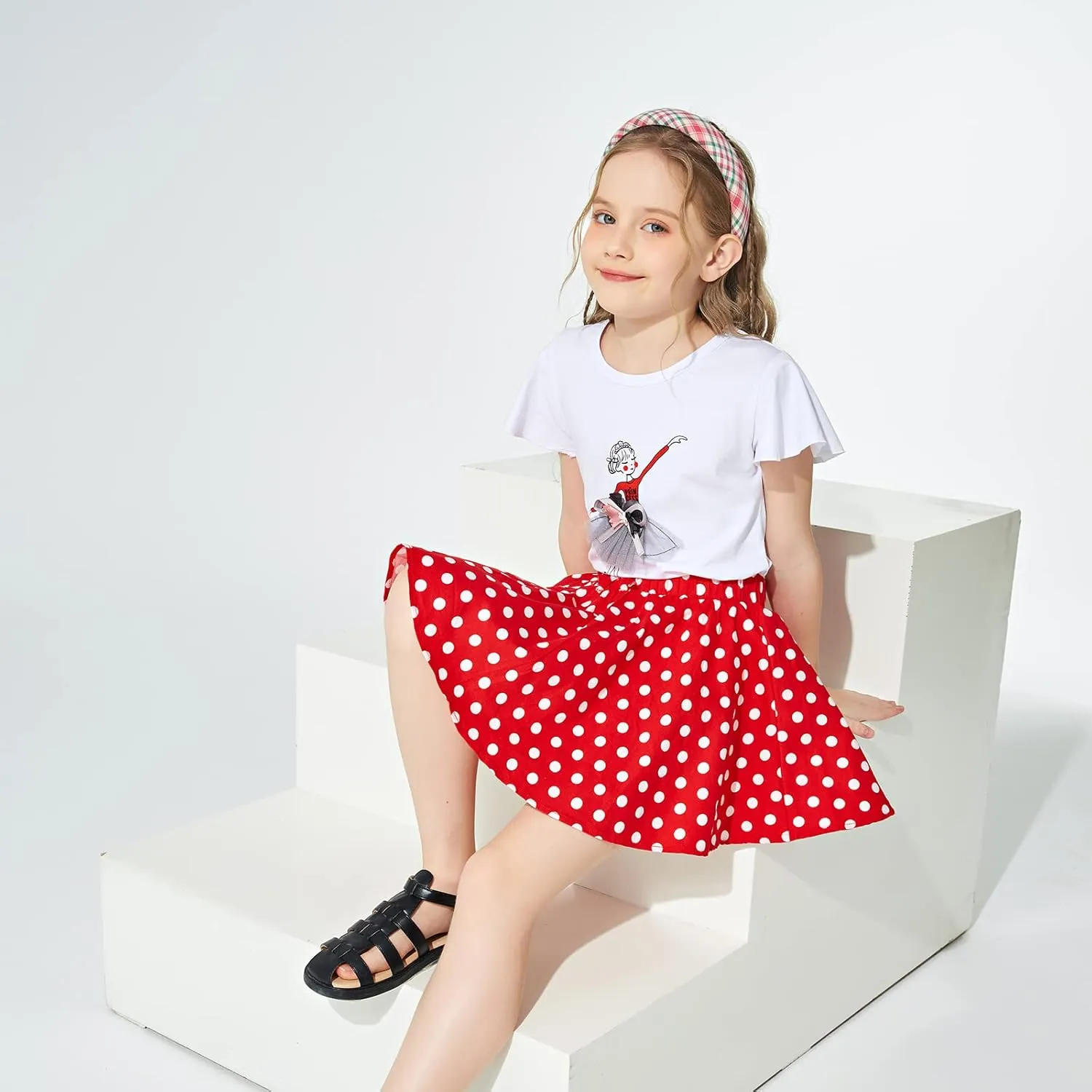 JE Sterguard Girls Polka Dot Mini Stretch Waist Full Round Skater Skirts for Party or Sport 4-16 Years