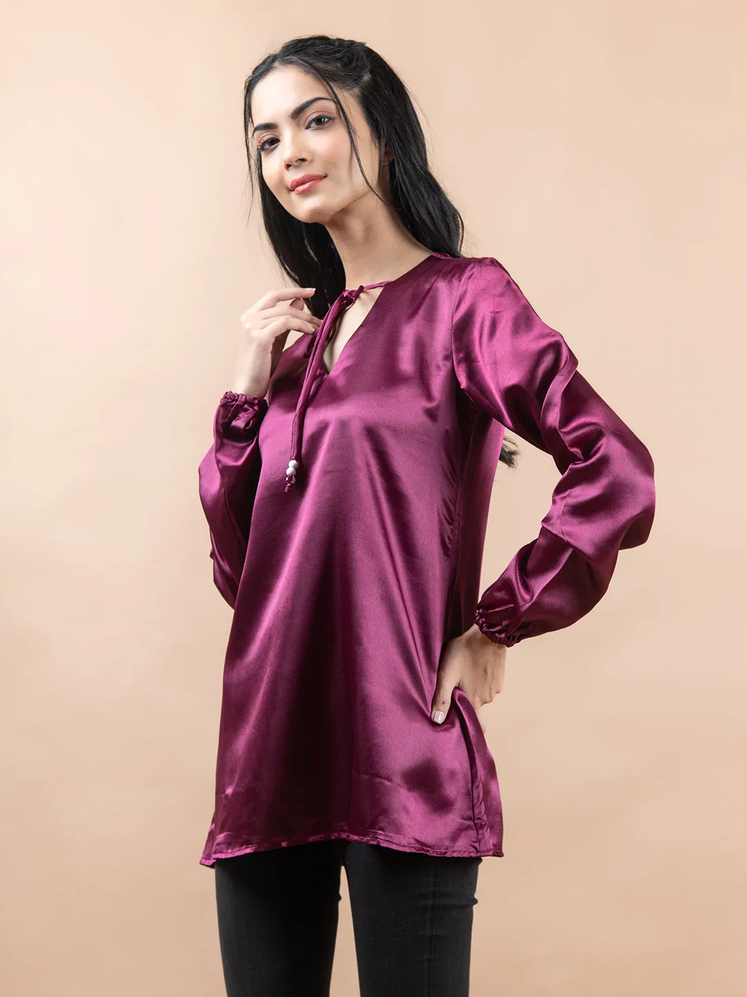 Maroon Satin Full Sleeves Top