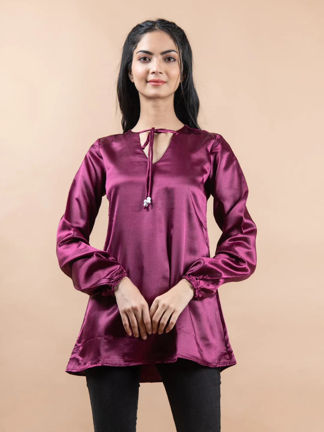 Maroon Satin Full Sleeves Top