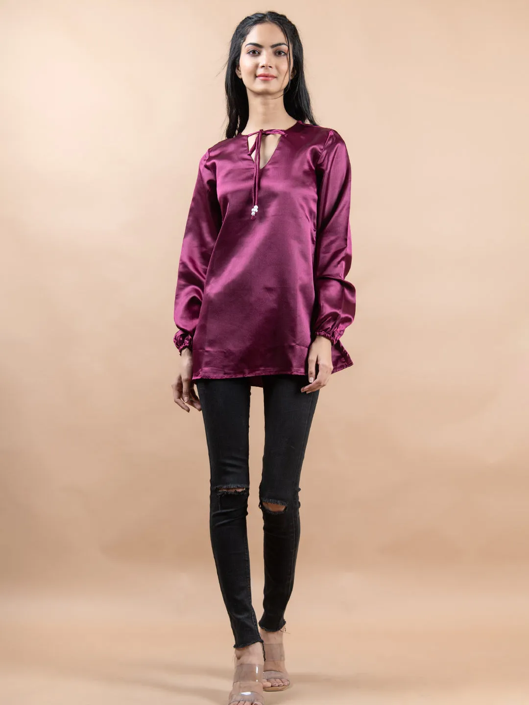 Maroon Satin Full Sleeves Top