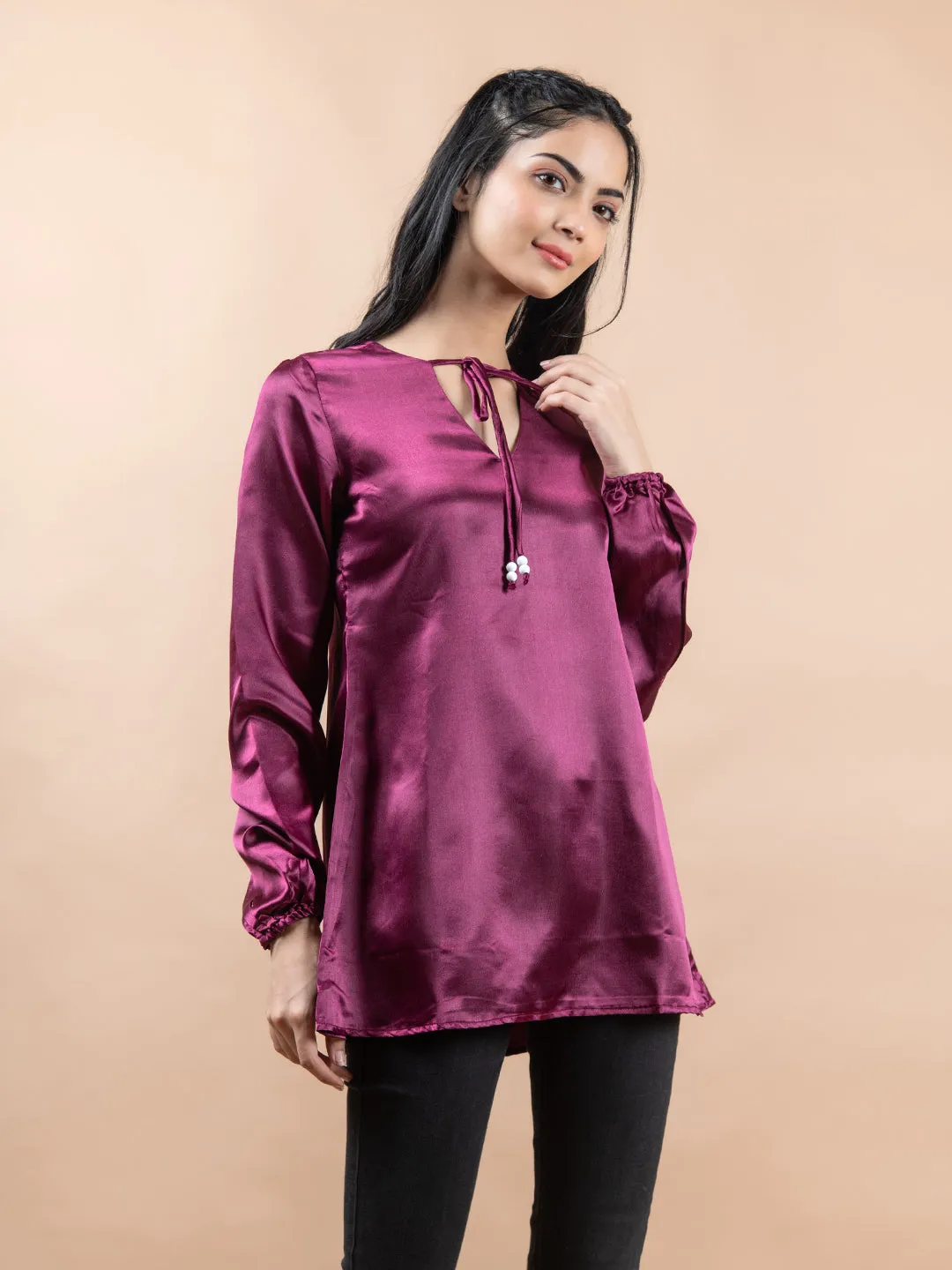 Maroon Satin Full Sleeves Top