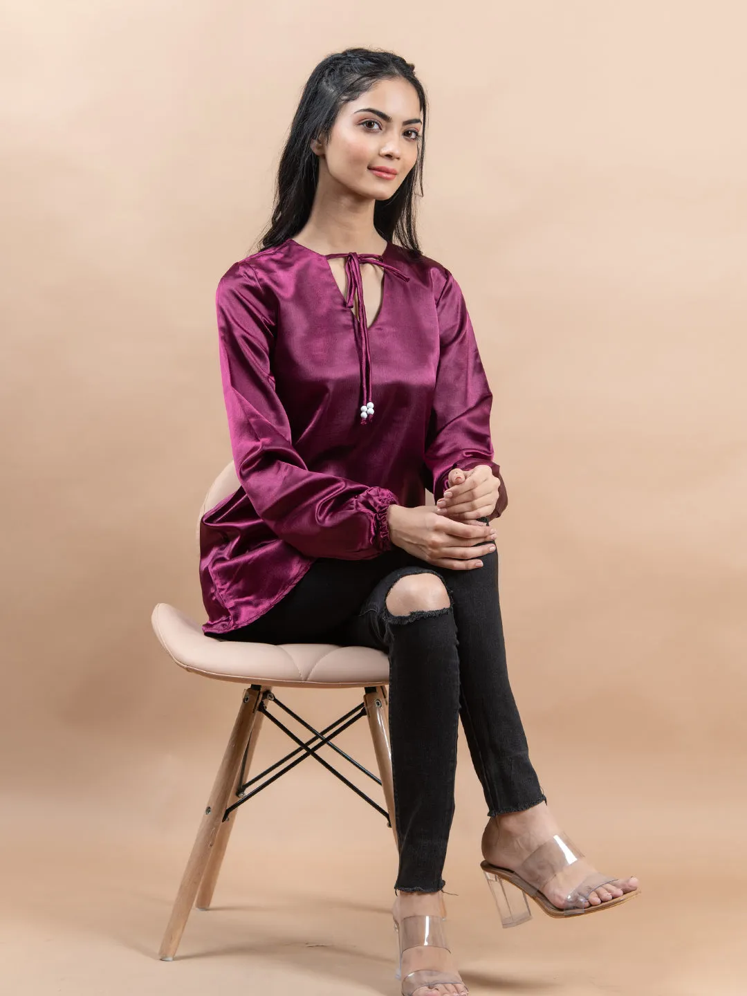 Maroon Satin Full Sleeves Top