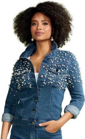 Masseys Embellished Colored Jean Jacket for Women with Button-up Front and Chest Flap Pockets