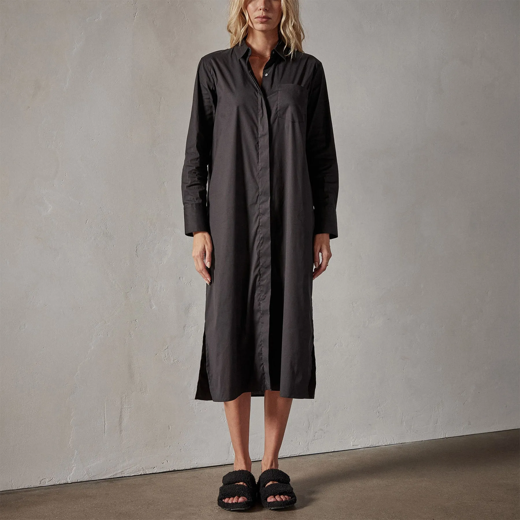 Matte Stretch Poplin Shirt Dress - Black