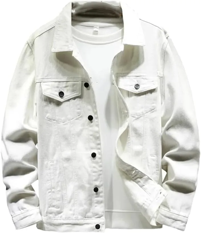 Men's Simple Casual Denim Jacket Slim Fit Jacket Top Cotton Stretch Comfortable Black White Jacket, XX-Large