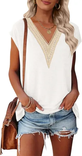 MEROKEETY Women's Casual Cap Sleeve Lace Trim V Neck Tops 2025 Summer Loose Tee Shirts Blouse