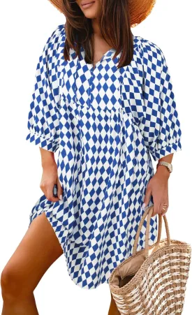 miduo Womens Casual V Neck Summer Half Sleeve Bohemian Floral Mini Tunic Short Dresses