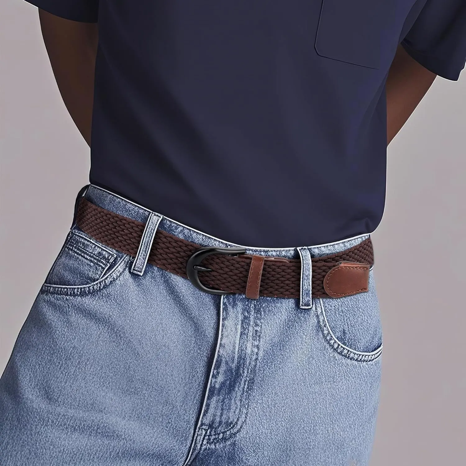 Mile High Life | Braided Stretch Elastic Belts | Pin Oval Solid Black Belt Buckle | PU Loop End Tip Men/Women/Junior Belt