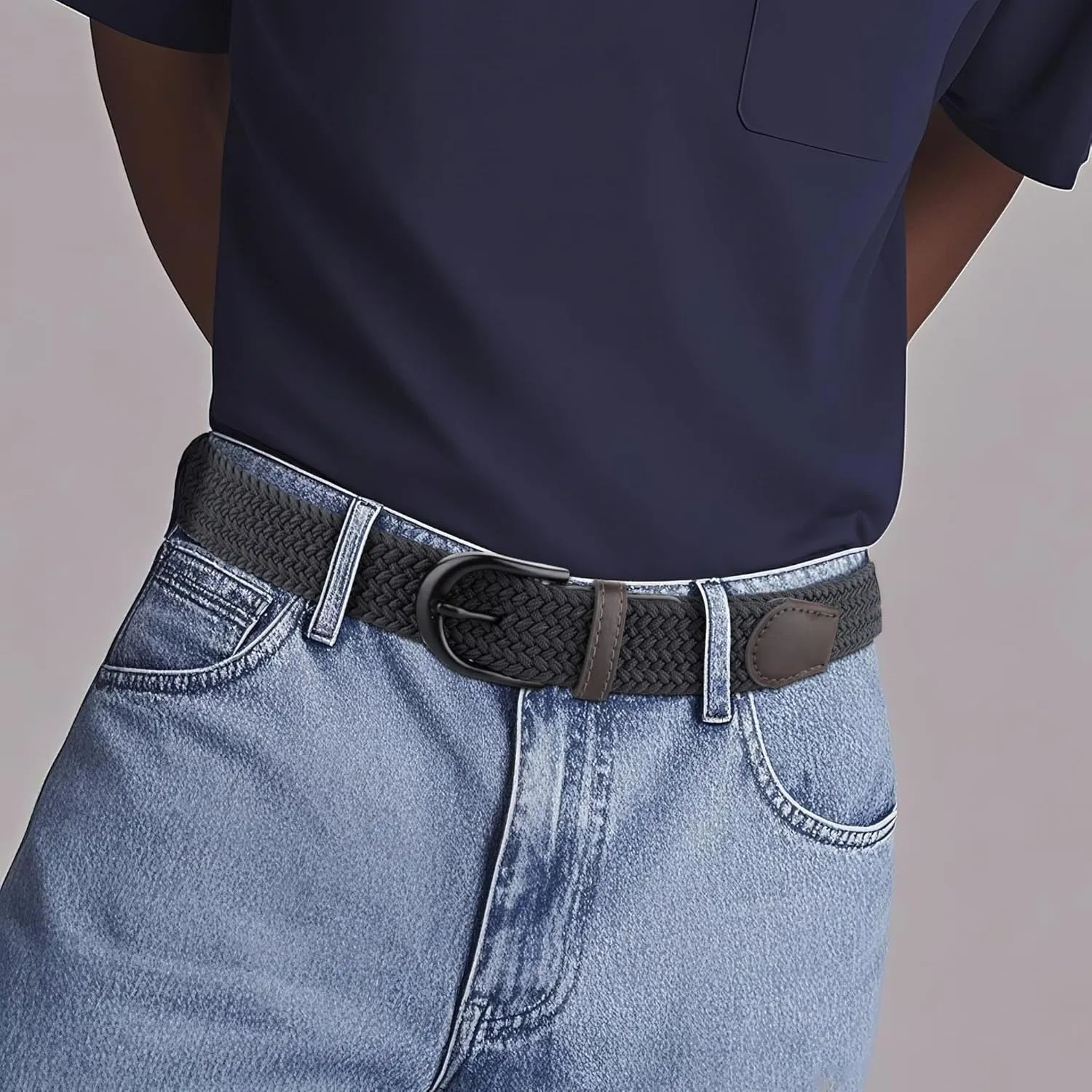 Mile High Life | Braided Stretch Elastic Belts | Pin Oval Solid Black Belt Buckle | PU Loop End Tip Men/Women/Junior Belt