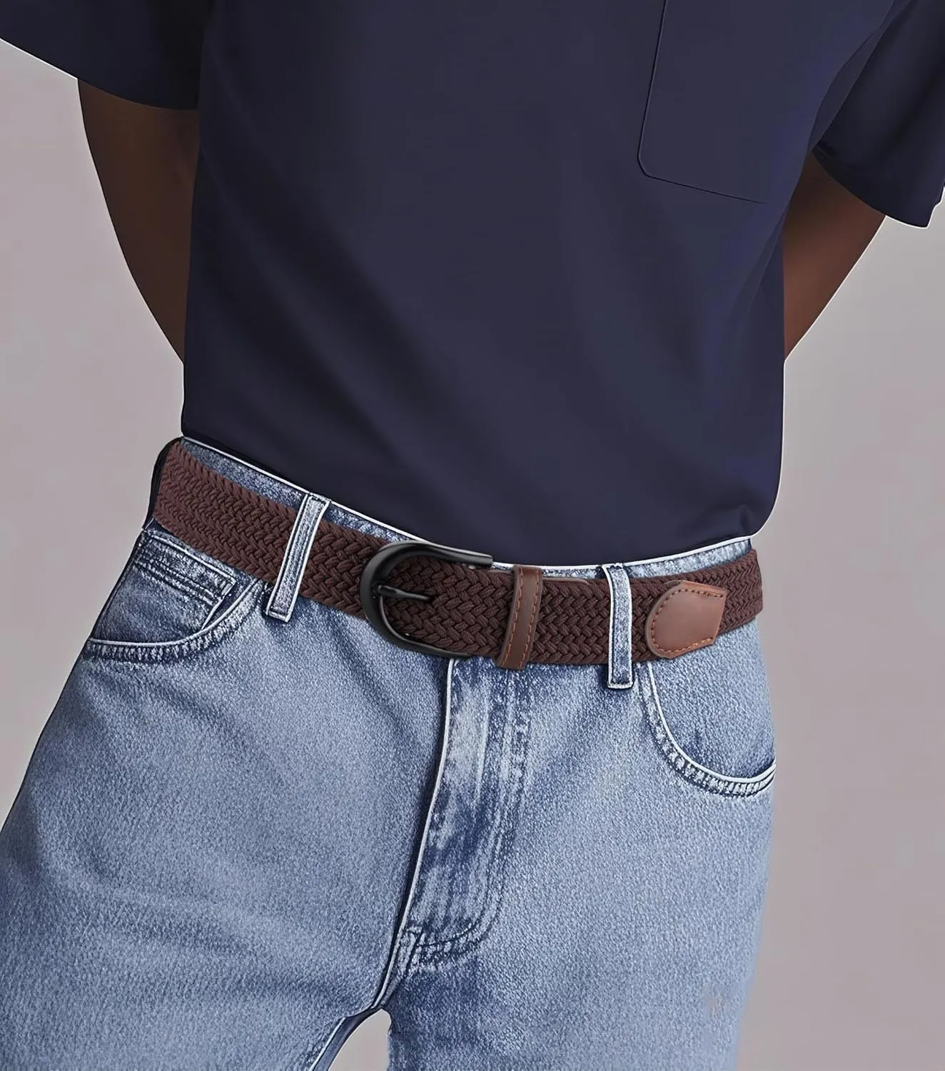 Mile High Life | Braided Stretch Elastic Belts | Pin Oval Solid Black Belt Buckle | PU Loop End Tip Men/Women/Junior Belt