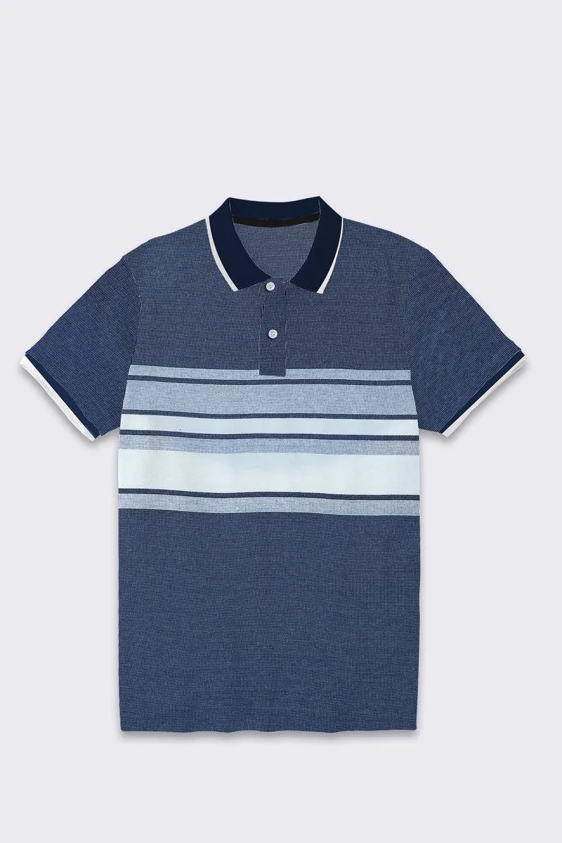 Navy White Texture Strip Polo