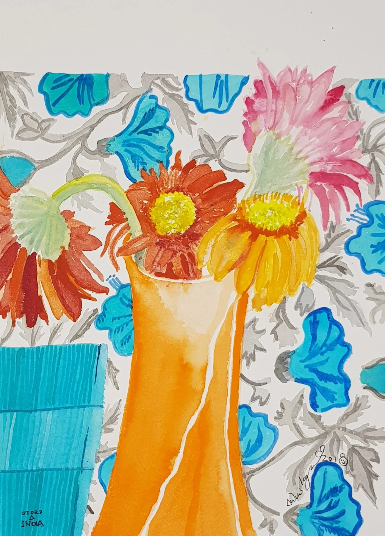 ORIGINAL WATERCOLOUR OF VASE OF GERBERAS, UTORDA - BY ANDREW LOGAN 2018