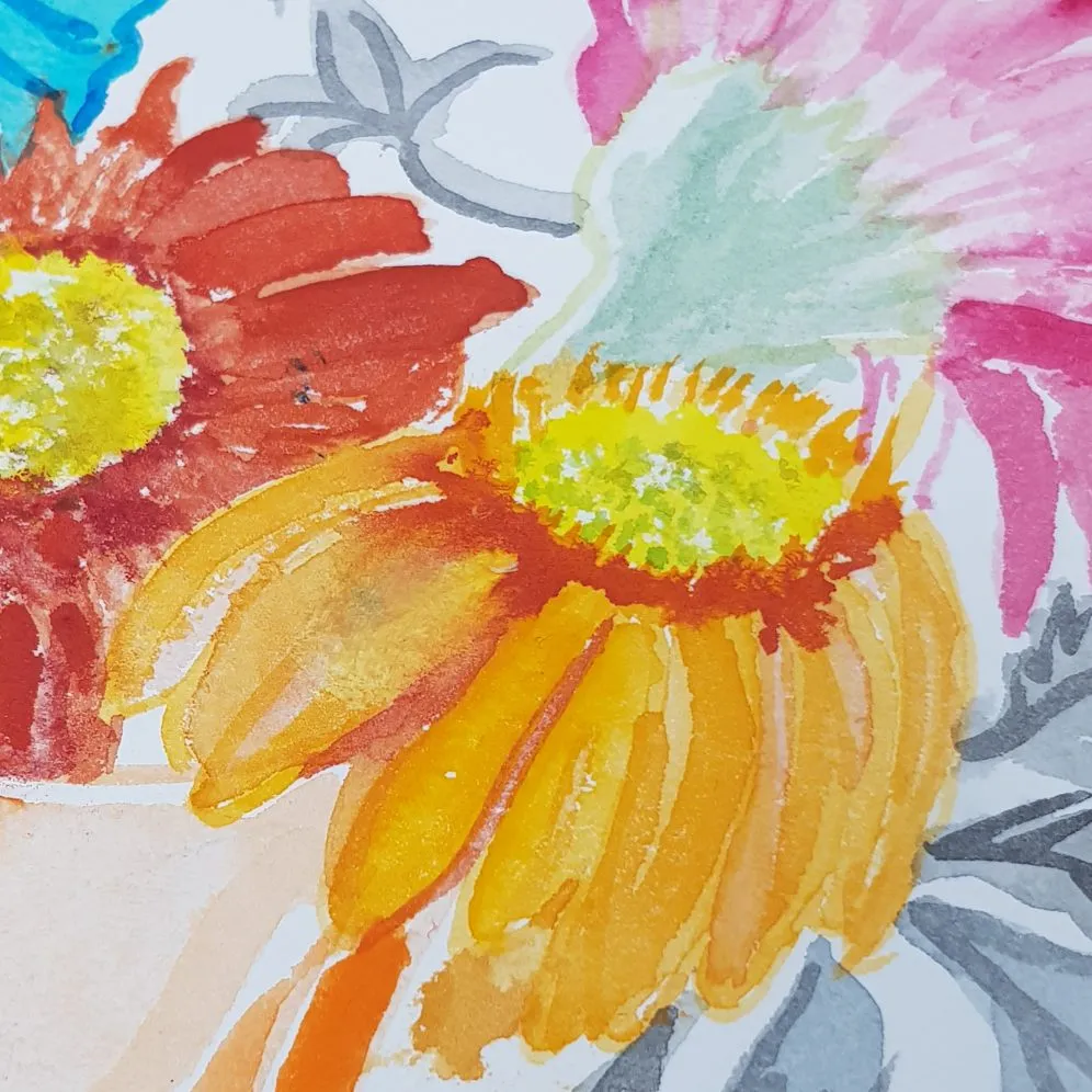 ORIGINAL WATERCOLOUR OF VASE OF GERBERAS, UTORDA - BY ANDREW LOGAN 2018